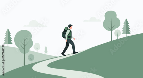 A Person Hiking Uphill On A Path In A Green Landscape With Trees And Clouds