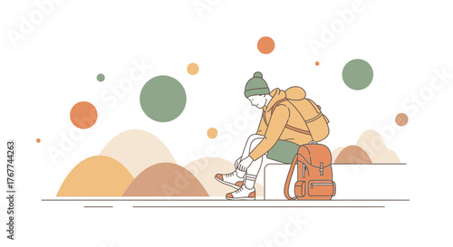 A Person Preparing For A Journey With Backpack In Minimalist Style Illustration