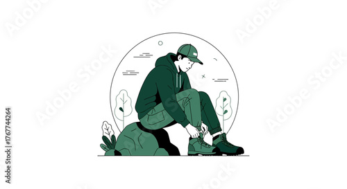 A Person Preparing For Climbing Or Hiking With Outdoor Boots And Green Clothes