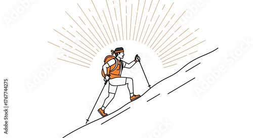 A Person Hiking Uphill Reaching For a Radiant Sun That Symbolizes Aspirations
