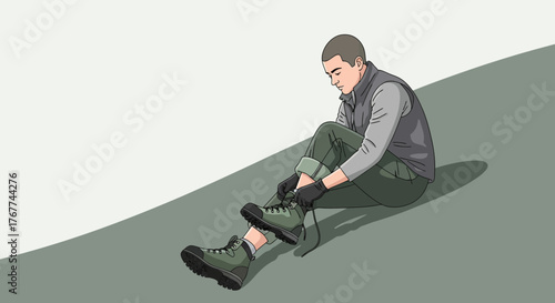 A Person Preparing For Climbing, Laces Boots And Getting Ready To Start Expedition