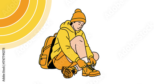 A Person Preparing For The Adventure, Tying Shoes Ready To Explore In The Great Outdoors