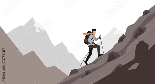 A Person Hiking Uphill Towards the Mountain Peak in a Simple, Clean Vector Style