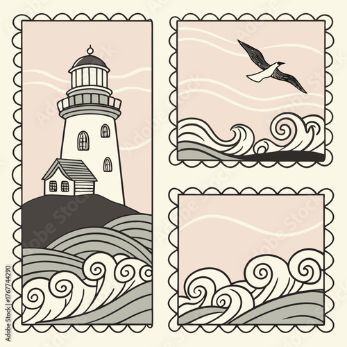 Vector image of the ocean and seagulls flying over it. The lighthouse stands on a cliff.