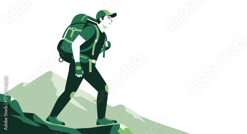 A Person Hiking Uphill with a Backpack on a Mountain, Vector Illustration