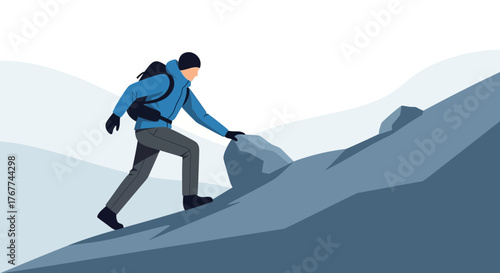 A Person Hiking Uphill While Reaching for the Summit on a Sunny Day