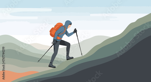 A Person Hiking Uphill with Mountain Peaks in an Artistic Vector Illustration
