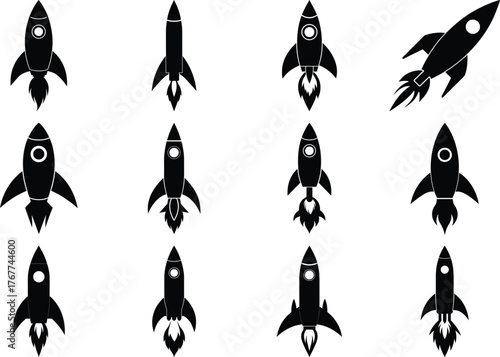 Twelve black rocket ship icons with flames on white background spaceship space