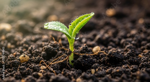 Tender seedling emerges into a new life from dark soil substrate