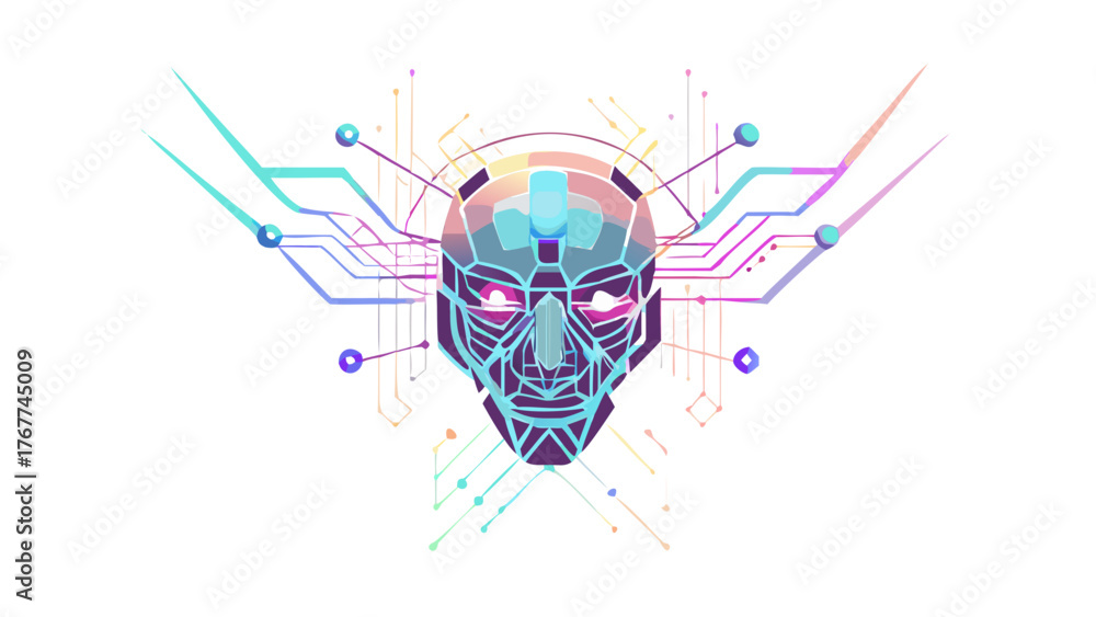 Vector illustration of a futuristic robot head with glowing neon lines, geometric shapes, and metallic textures, isolated on white background