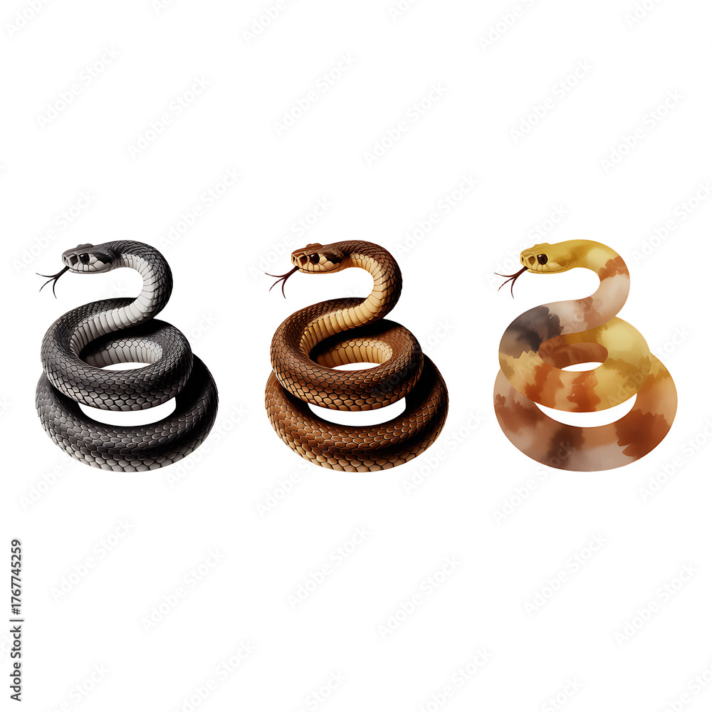 Obraz premium Three coiled snakes in black brown and orange with tongues out