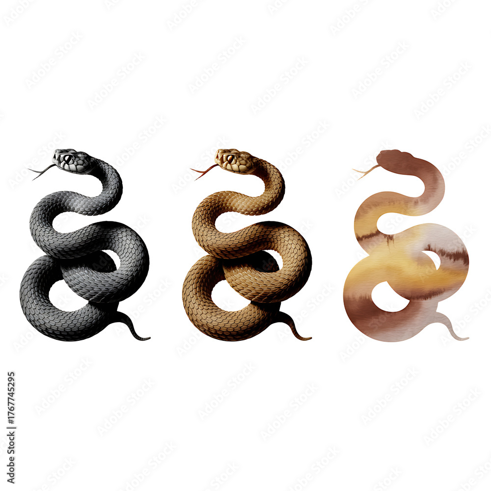 Fototapeta premium Three different snake types in a variety of creative styles