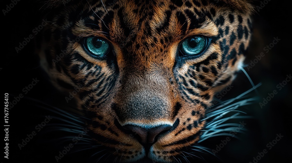 Naklejka premium Intensely focused leopard face, piercing blue eyes, high detail, dark background