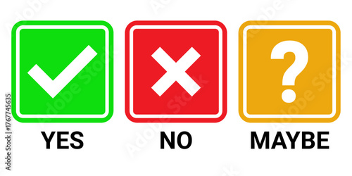 Set of YES, NO, MAYBE Icons in Green, Red, and Orange Boxes for Decision-Making and Survey Interfaces