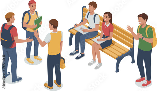 Casual Group of Students Socializing and Talking Outdoors on Campus