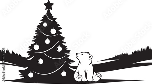 Black and white silhouette of a polar bear cub sitting next to a decorated Christmas tree in a snowy landscape
