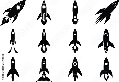 Collection of twelve black rocket ship icons with flames and exhaust spaceship space