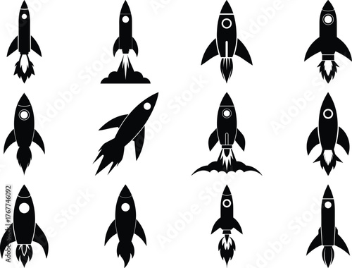 Collection of twelve black rocket ship icons with flame exhaust and white circular windows spaceship