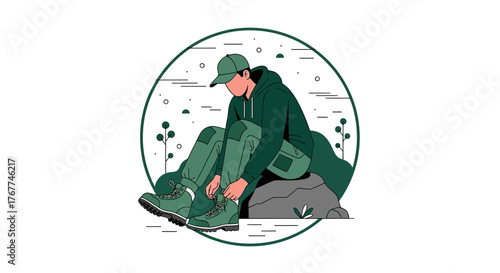 A Person Rest, Preparing Before A Journey, Getting Ready, Tying Boot Laces Outdoors