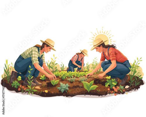 Cultivating a Harvest of Togetherness: In a vibrant illustration, a trio of farmers diligently tend to a flourishing vegetable patch, bathed in the warmth of the sun.