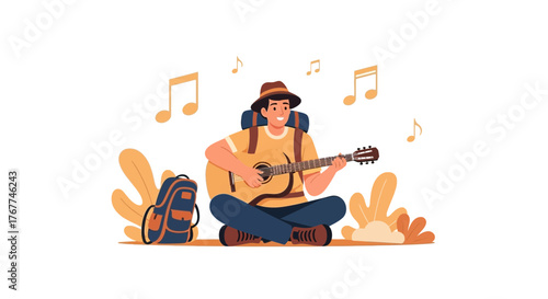 A Smiling Man Playing Guitar While Adventuring, Surrounded By Music Notes