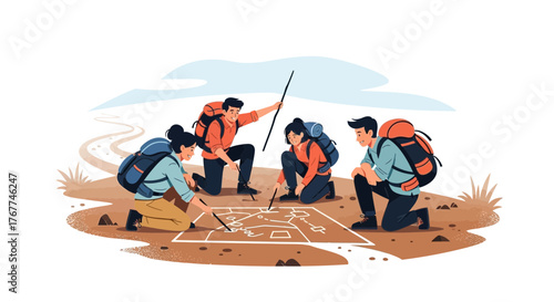A Team Of Adventurous People Studying A Map Planning Their Adventure Together