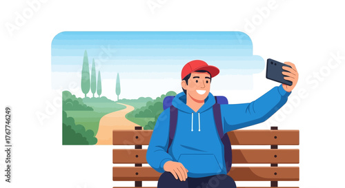 A Smiling Person Taking A Selfie While Enjoying Nature On A Park Bench