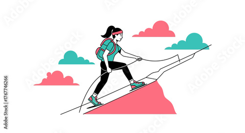 A Woman Climbing Upward on Mountain With Clouds as Symbolic of Achievement and Journey