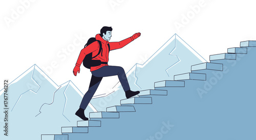 A Person Scaling Stairway Towards The Mountain Peak Representing Success And Ambition