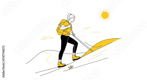 A Woman Hiking Up a Hill During Summer Outdoors for Adventure and Exploration