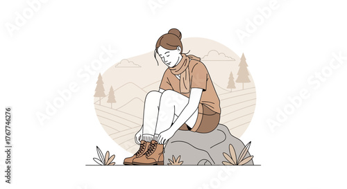 A Woman Sitting on a Rock Fastening Boots Preparing to Go Hiking in Nature