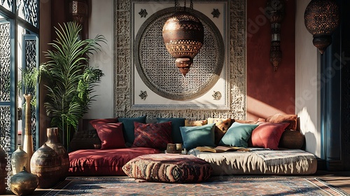 Beautiful Moroccan living room with intricate decor and cozy pillows