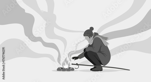 A Person Seeking Warmth By a Fire On a Cold Winter Day Monochrome Illustration
