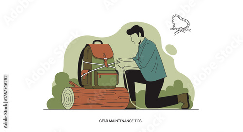 A Person Securely Fastening The Rope Around Backpack On A Wooden Log Preparing For Hiking