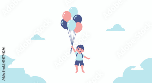 A Young Boy Ascends Through The Sky While Being Attached To Colorful Balloons