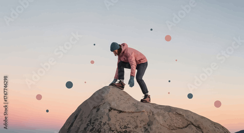 A Person Scaling A Rocky Summit Overlooking A Beautiful Atmospheric Sunset