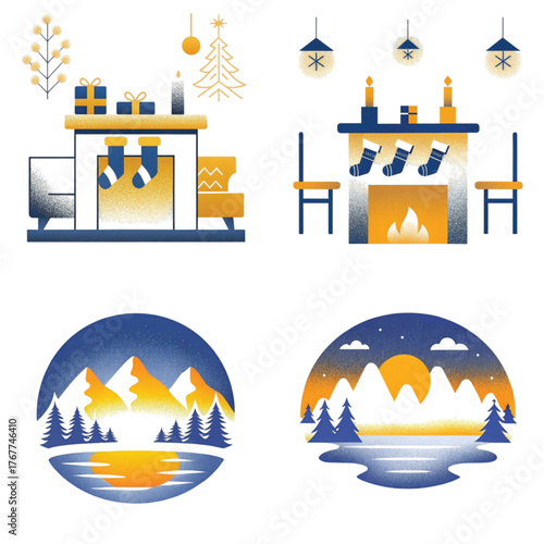 Cozy winter holiday scenes with decorations, fireplace, and mountains  