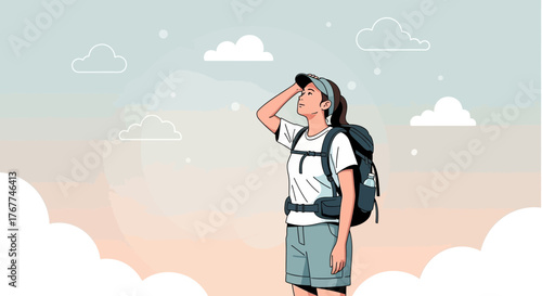 A Young Woman Hiking on a Beautiful Day Looks Towards the Heavens and Sees Her Future