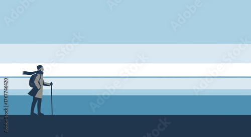 A Person Standing With Hiking Stick Against Blue Background During The Day