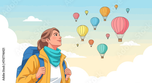 A Young Woman Stares Up At Colorful Balloons Dreamily In The Open Sky