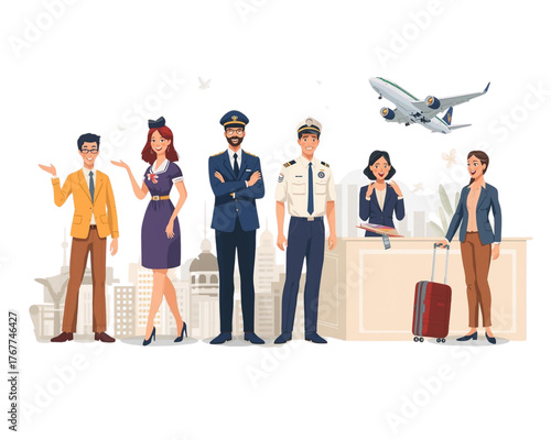 Airline Service Personnel: A group of airline personnel, encompassing pilots, flight attendants, and ground staff, collaborate in a lively travel scenario, with an airplane in background.