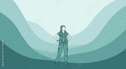 A Person Stands Against a Backdrop of Artistic Wavy Lines in Calm Color.