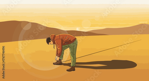 A Person Tying Their Shoe in a Desert Environment With a Golden Hour and Sunset
