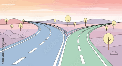 Abstract Illustration of Dual Roads Branching Off Towards Different Directions