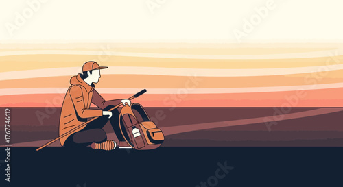 A Person, Relaxing, Contemplating, With A Backpack, Against Sunset At Dusk Scene