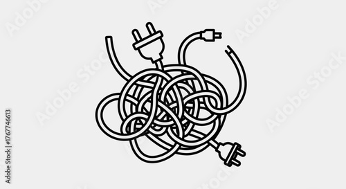 Abstract Illustration of Intertwined Electrical Cables and Plugs on a Light Background