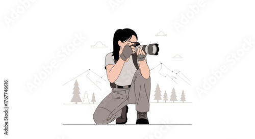 A Photographer Capturing A Mountain Scenery In A Minimalist Flat Design