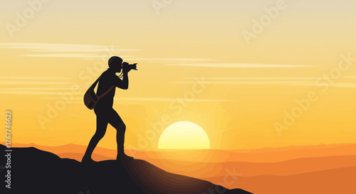 A Photographer Captures A Stunning Sunset Landscape From A Mountain Silhouette