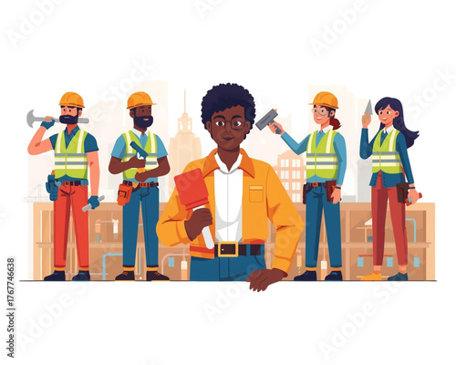 Construction Crew: Depicting a diverse team of skilled construction workers, ready to build and create, standing united against a cityscape background.