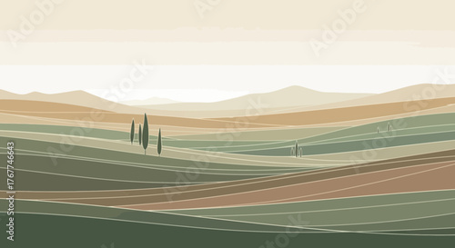 Abstract Landscape Depicting Hills, Trees and A Serene Vista At Sunset